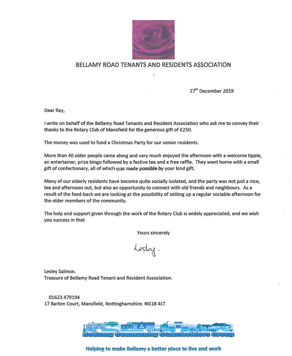 Thank you letter from Bellamy Road Tenants and Residents Association
