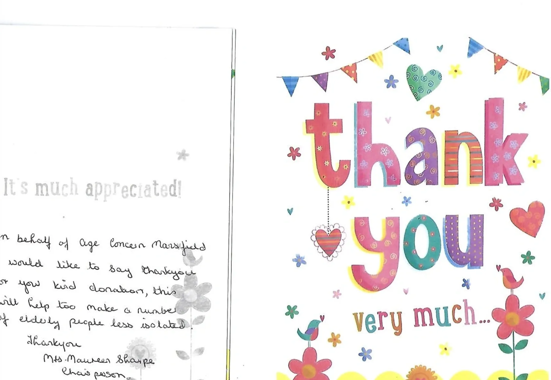 Thank you card from Age Concern Mansfield