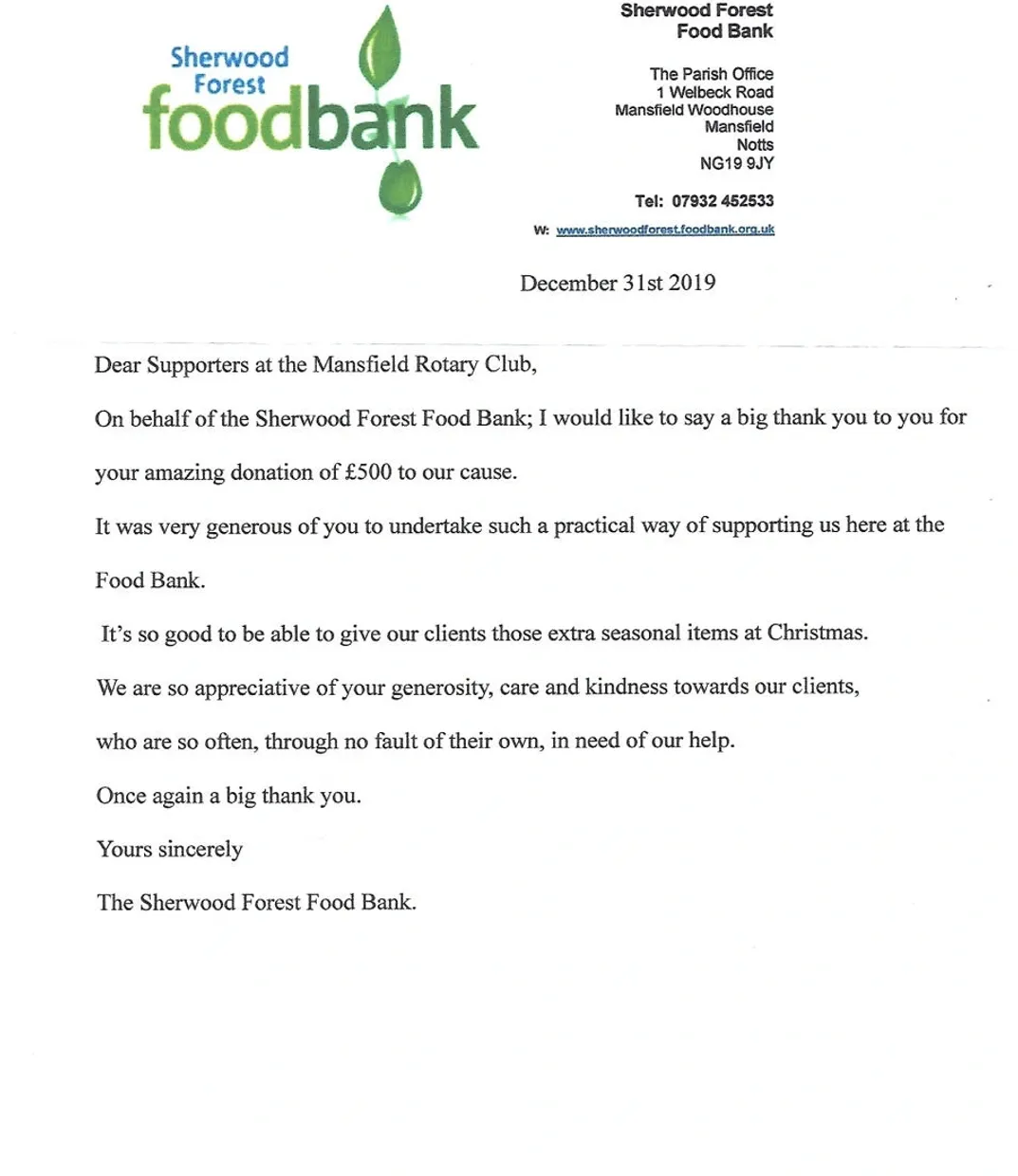 Thank you letter from Sherwood Forest Food Bank