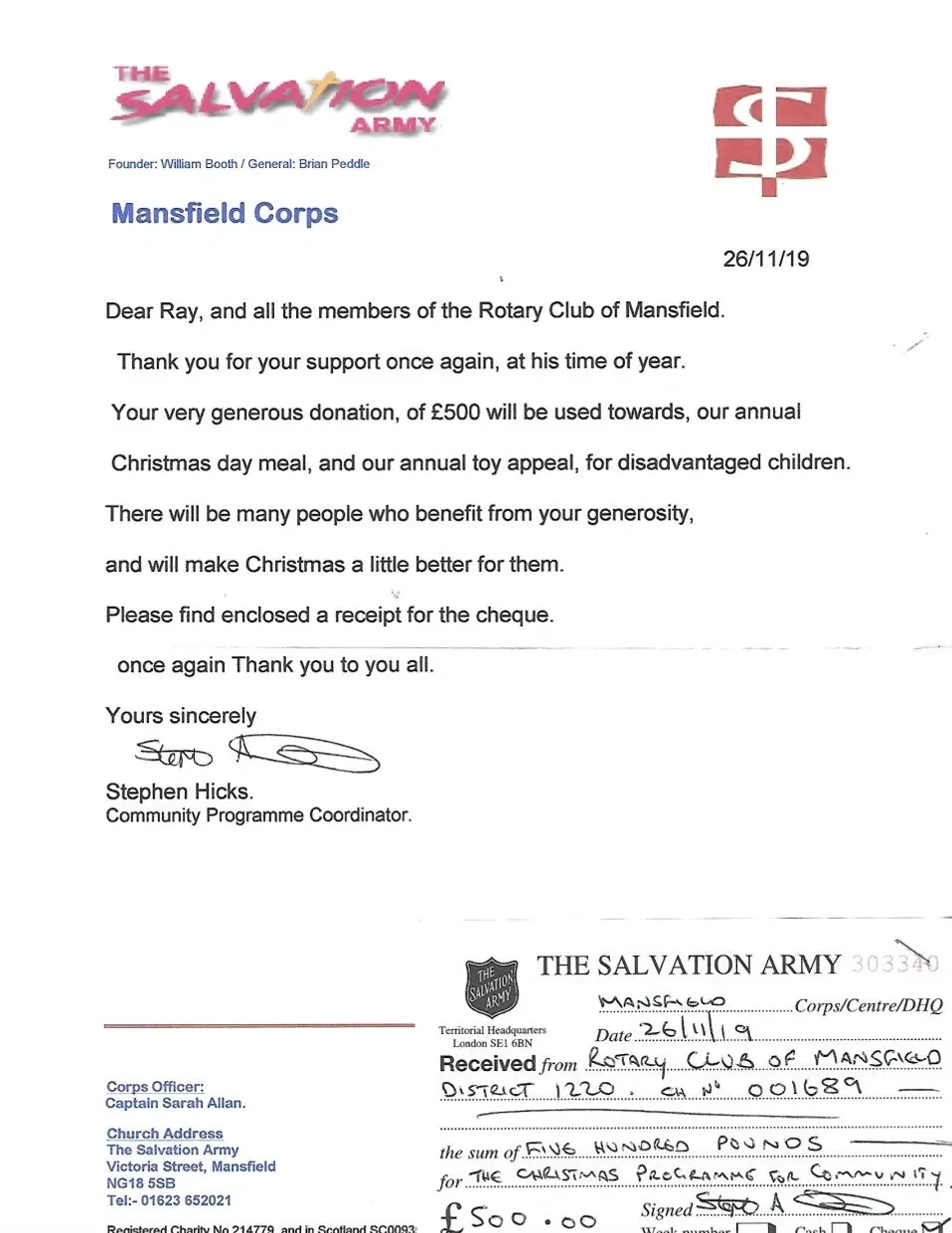 Thank you letter from the Salvation Army Mansfield Corps